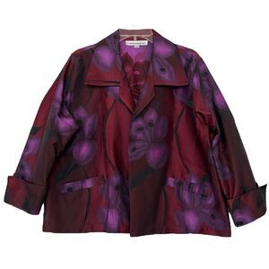 Caroline Rose Large Flowers Print Jacket Open Front Topper Pockets Wine Purple